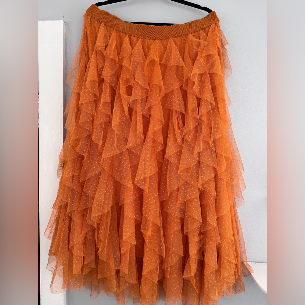 New Anthropologie Cheri Ruffle Tulle Elastic Waist Orange Preppy Midi Skirt XL - Picture 8 of 11